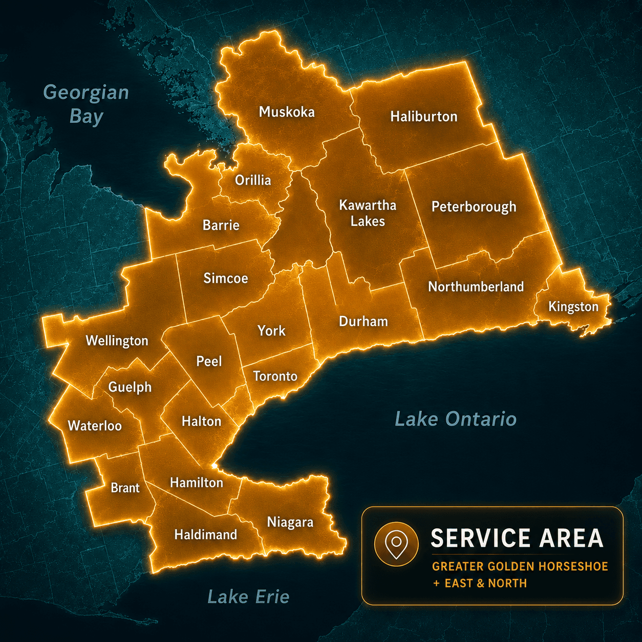 MoreSun Electric service area map — Greater Golden Horseshoe, plus east and north