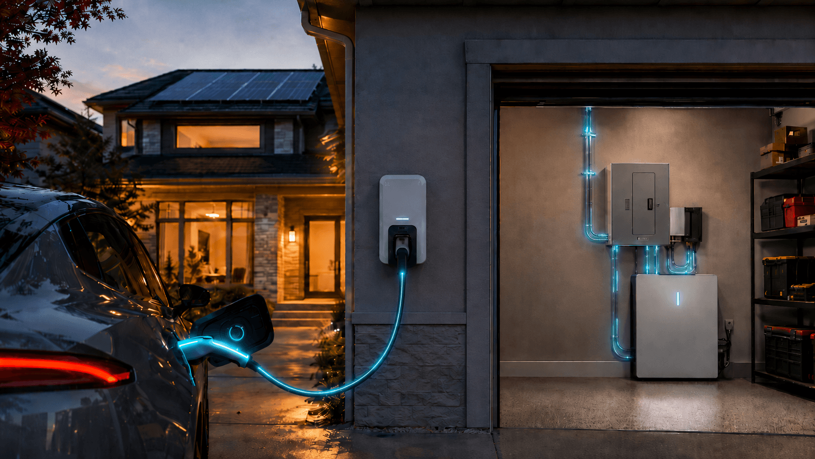 An EV charging at a modern home at dusk — energy flowing from the car to a wall charger, a garage battery, and rooftop solar