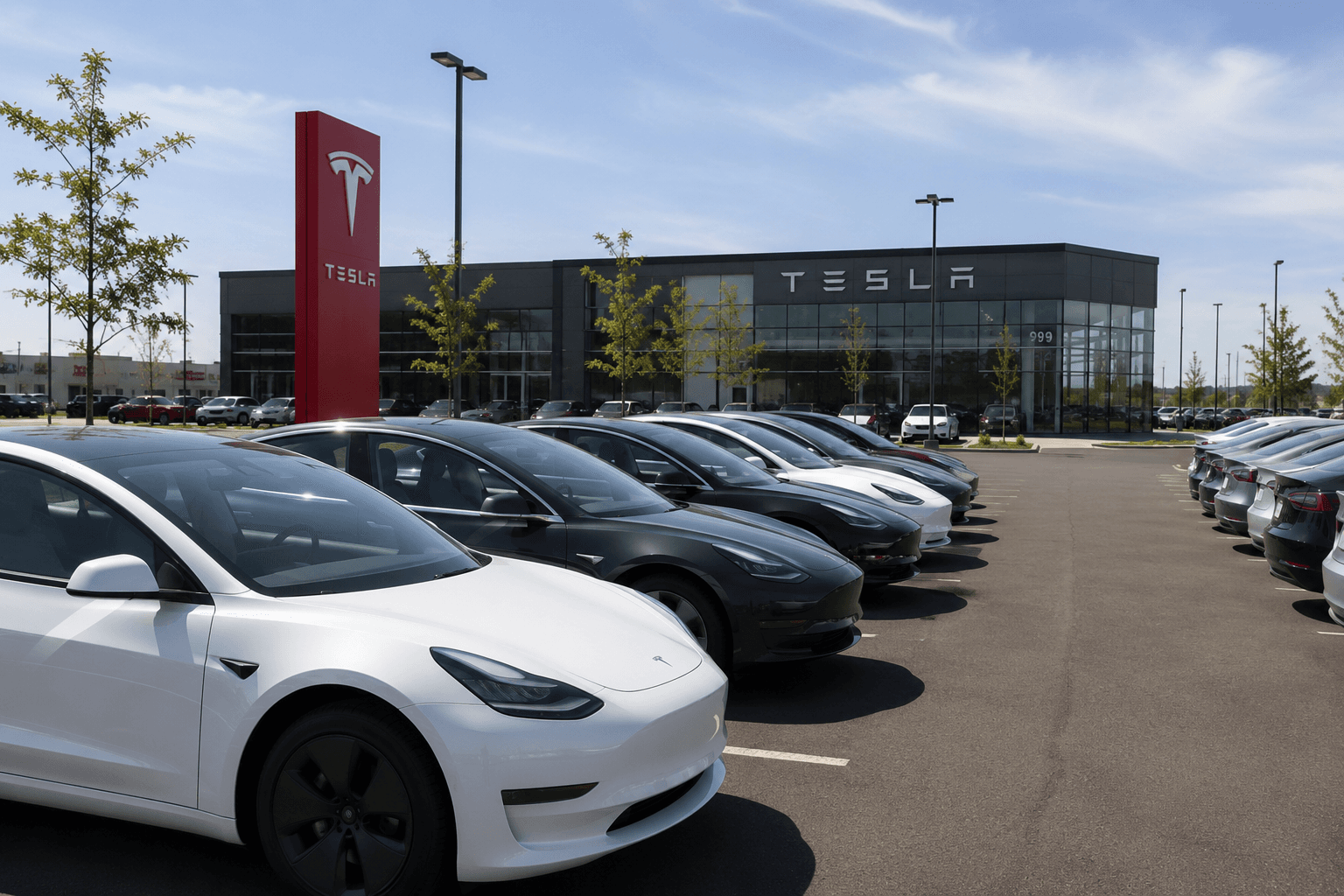 EV on a dealership lot ready for delivery with a home charger install bundled into the sale