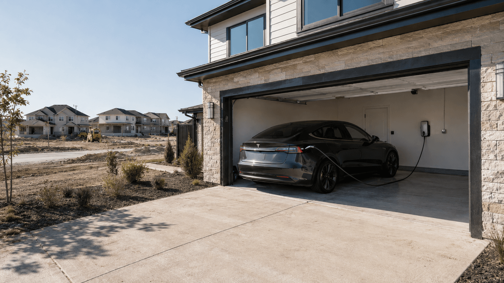 New-build home garage with an EV charger roughed in during construction