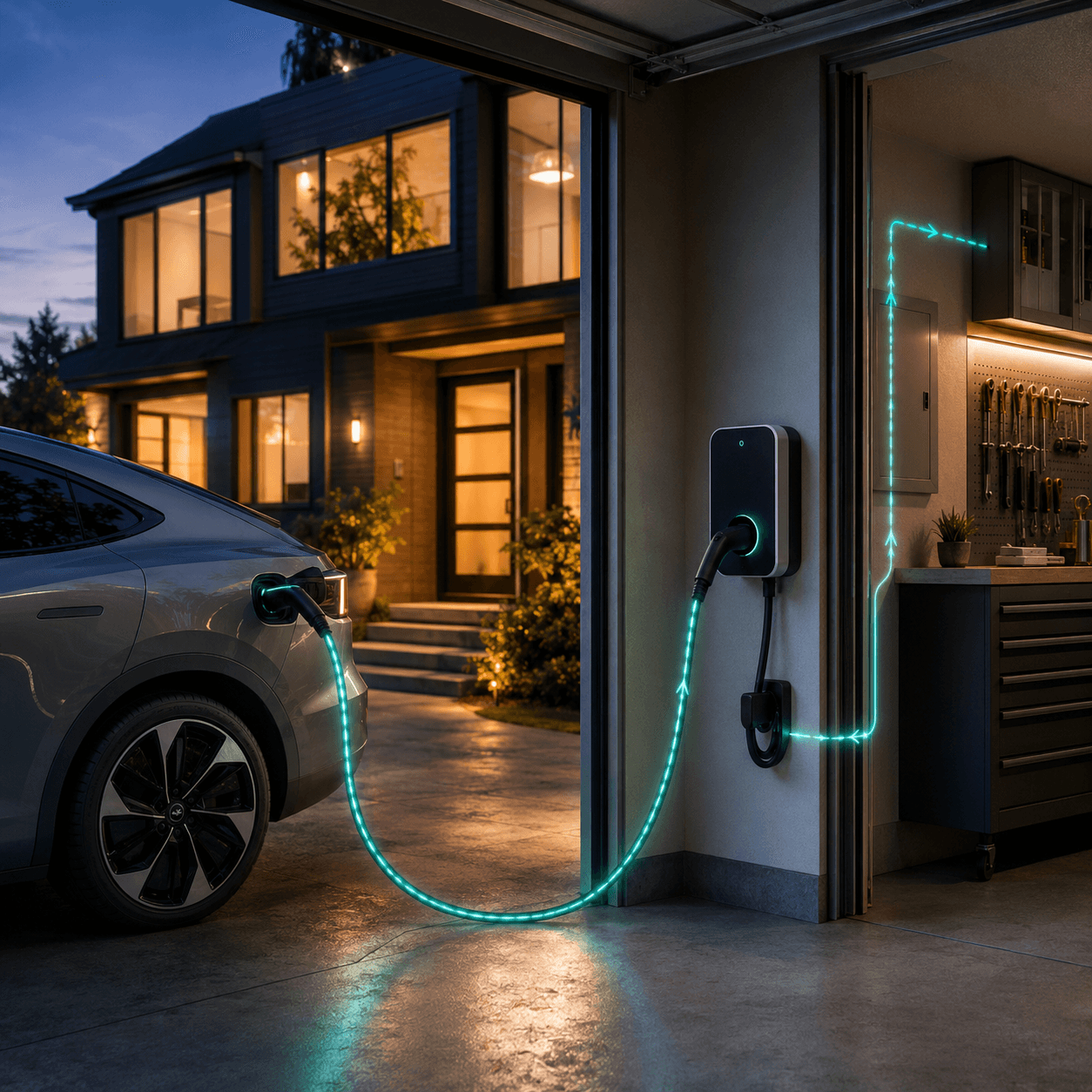 EV charging from a home wall charger at dusk, energy flowing between the car, house, and garage